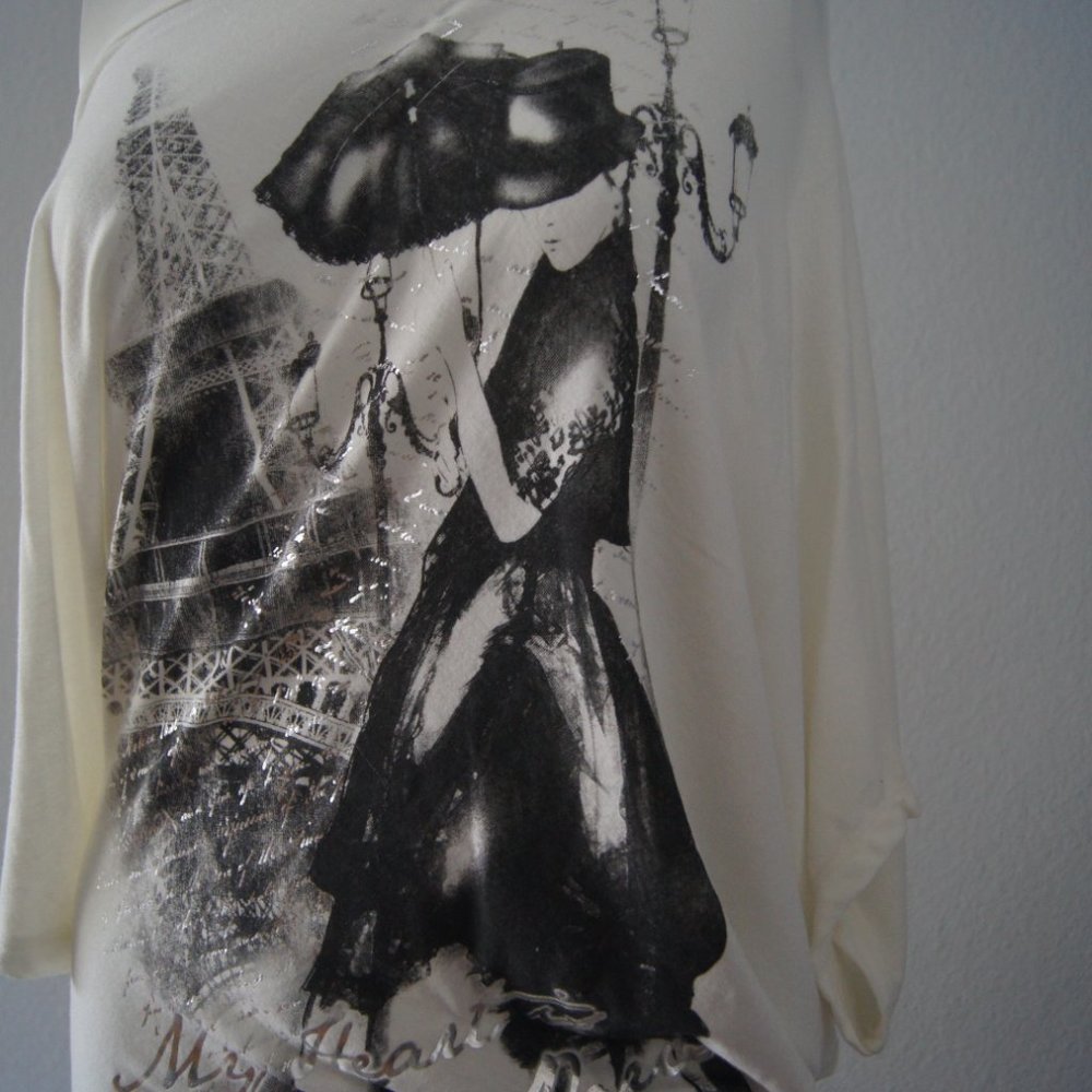 Shamu USA Women's One Shoulder My Heart Is In Paris Blouse Top L Made In USA - Picture 3 of 5